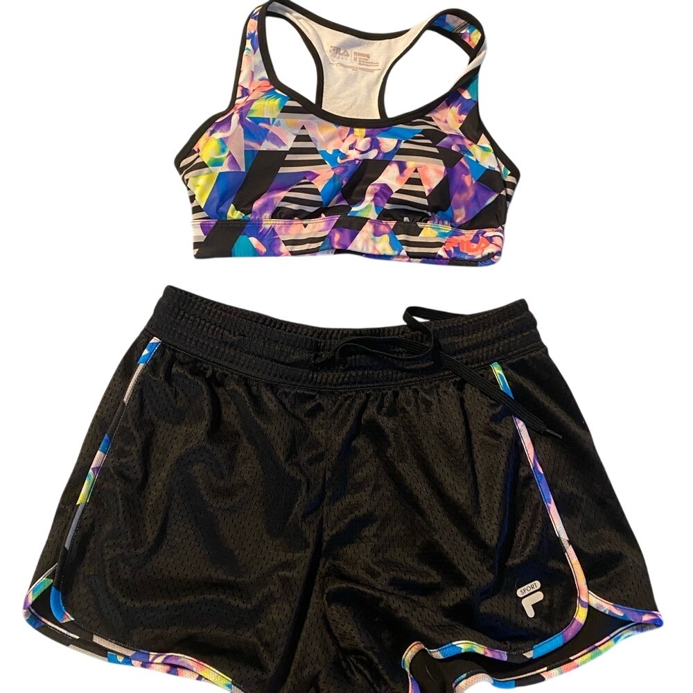 Fila Running Sports Bra & Shorts Set Multicolor Geometric Athletic Outfit